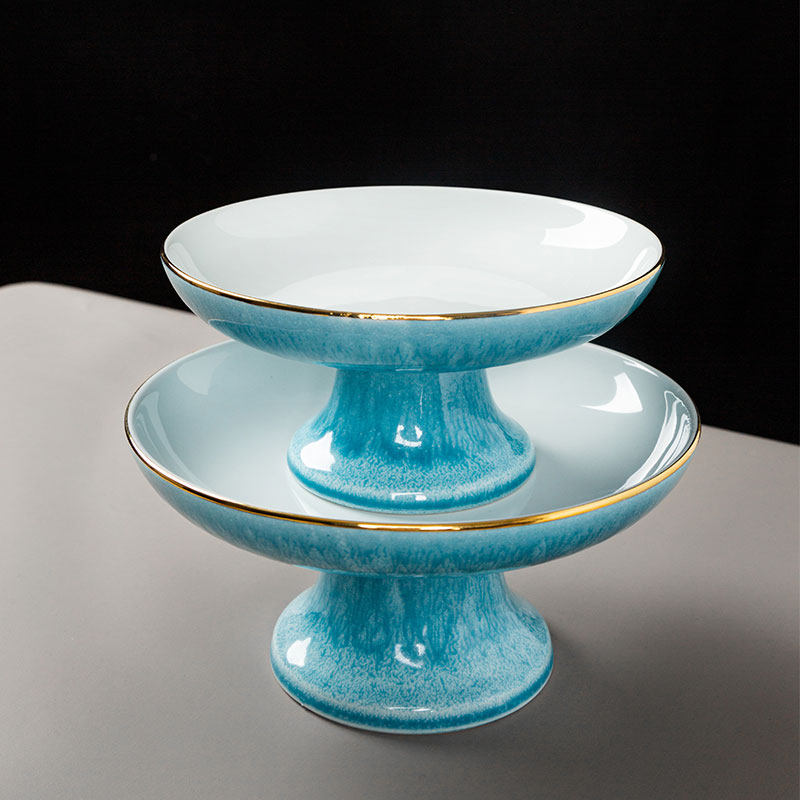 陶瓷高脚果盘拉丝釉高足点心盘大号金边贡盘中式水果盘商业热菜盘