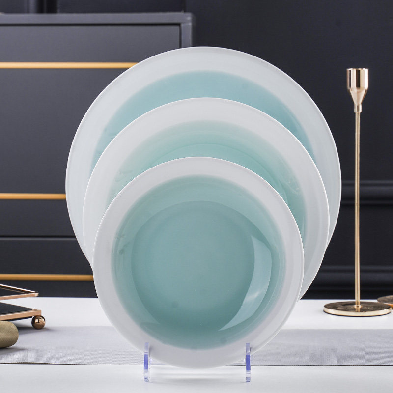 中式家用菜盘景德镇新款宝石青釉面汤盘深碗酒店商用陶瓷圆形平盘