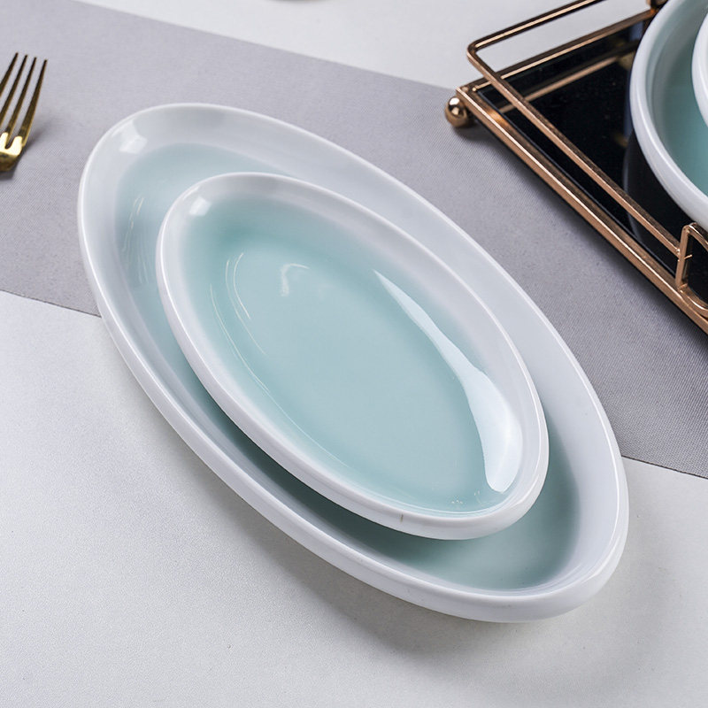 景德镇新款宝石青釉面家用鱼盘椭圆形陶瓷盘酒店餐厅耐热蒸鱼盘子