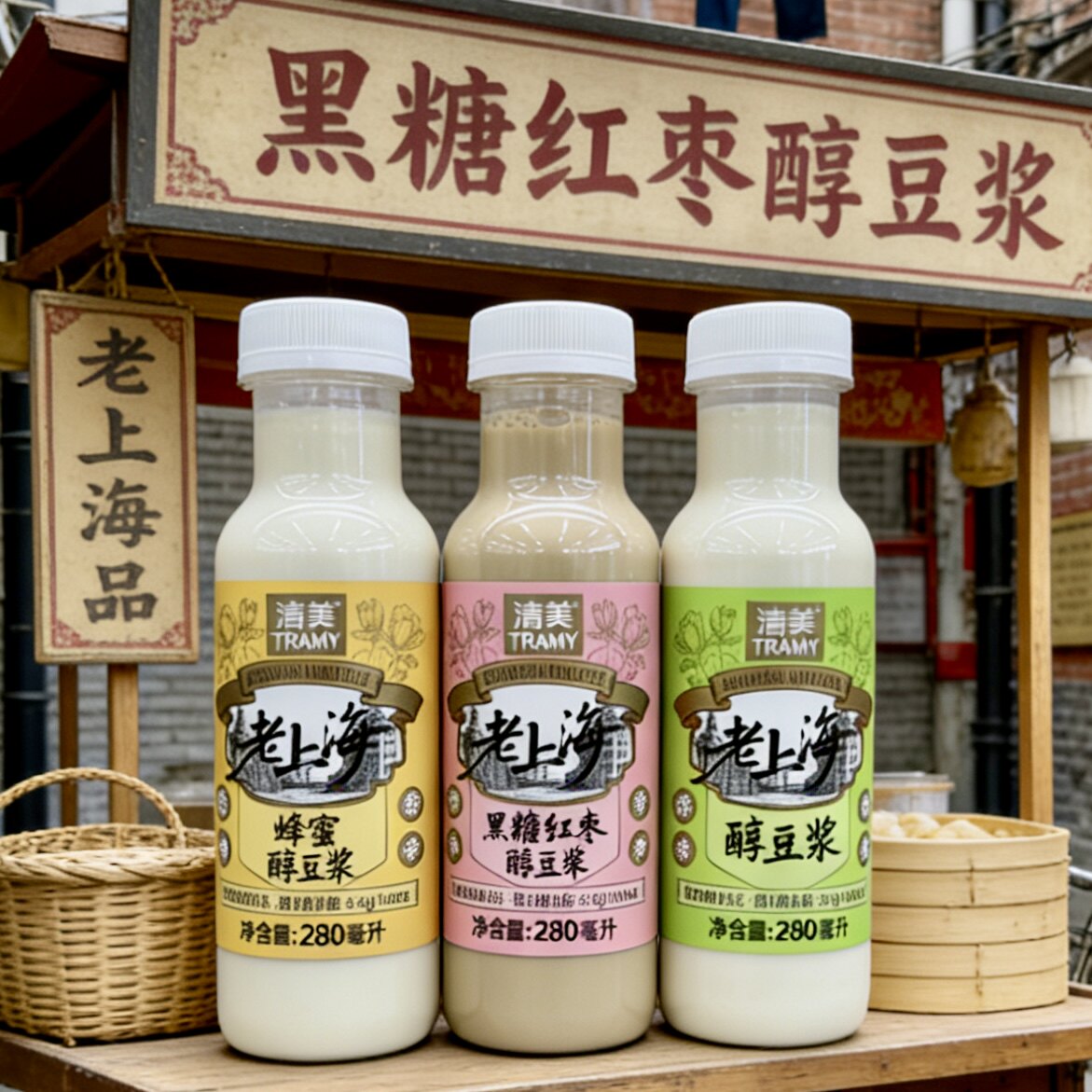 【6瓶新日期】清美老上海纯豆浆瓶装早餐蜂蜜黑糖红枣原味280ml