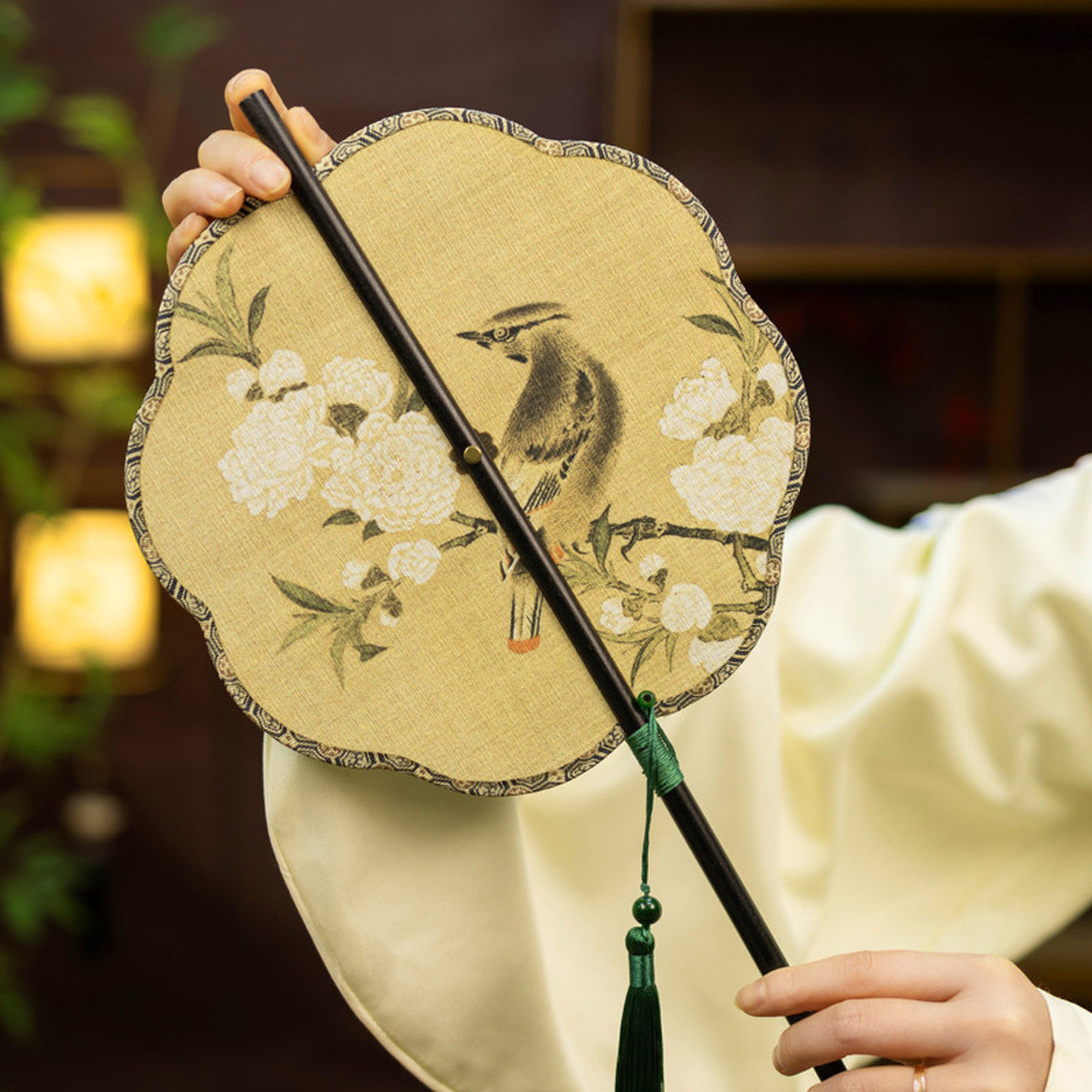 中式刺绣腰扇柿子印花竹帘扇卷曲旋转复古紫竹长柄汉服拍照道具扇