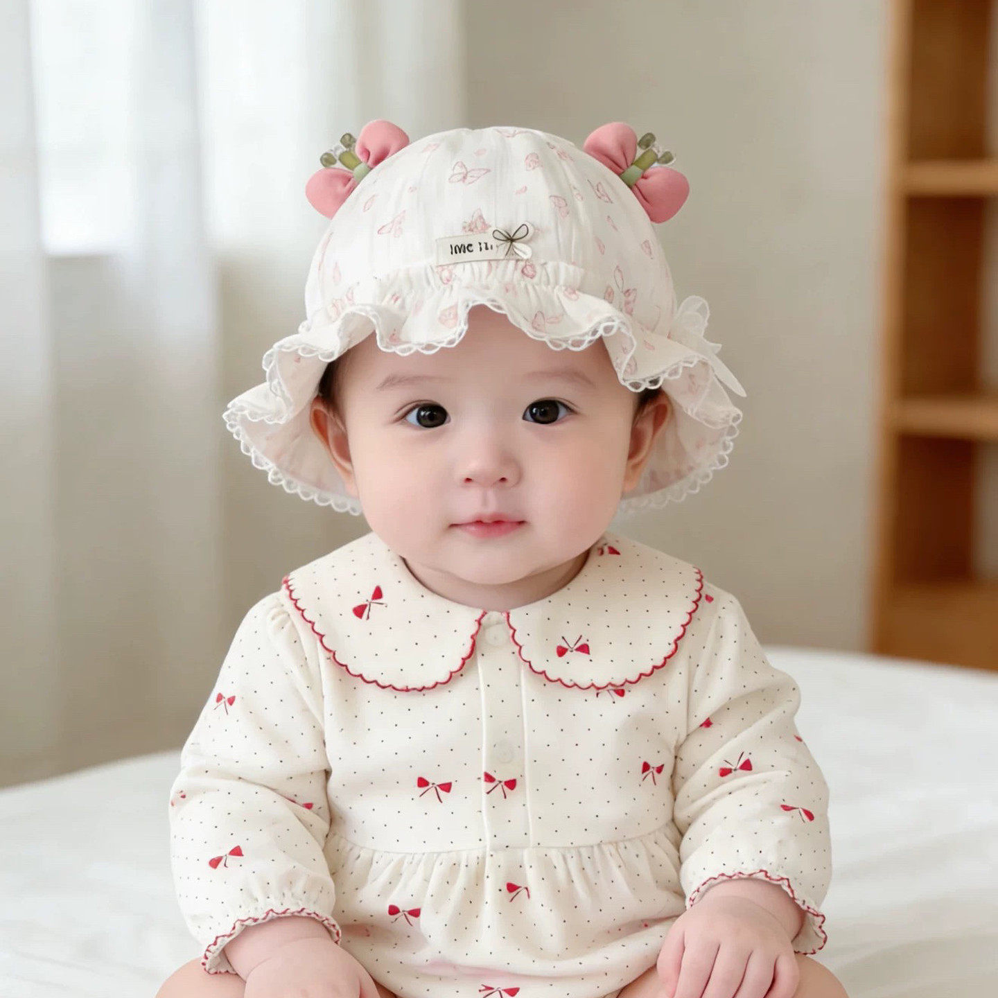婴儿帽子春秋薄款遮阳可调节公主渔夫帽女宝宝新生小月龄防晒胎帽