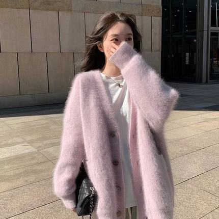 紫色水貂绒软糯毛衣外套女秋冬季宽松慵懒风中长款针织开衫毛茸茸
