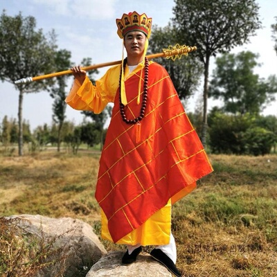 唐僧和尚帽子服装西游记服装五佛帽唐三藏黄袍袈裟禅杖佛珠法海