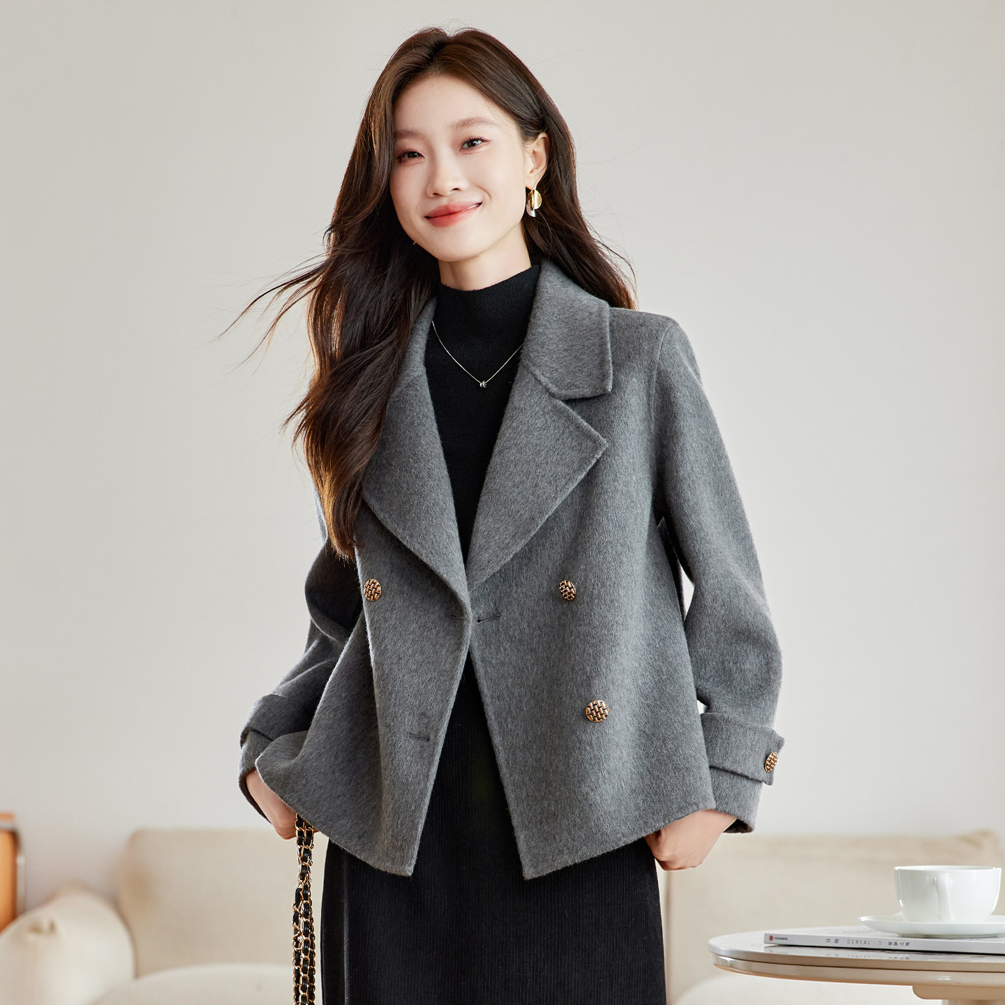 灰色双面羊绒大衣女秋冬高级感女款2025新款冬季短款冬天毛呢外套