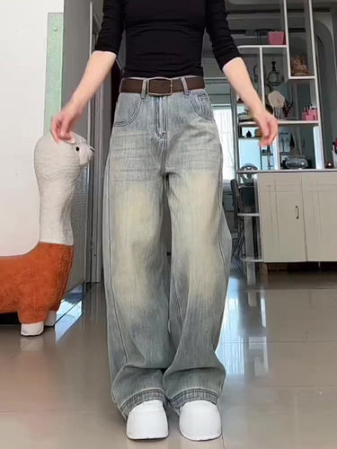 美式水洗加绒阔腿牛仔裤女秋冬2025新款大码宽松显瘦直筒拖地长裤