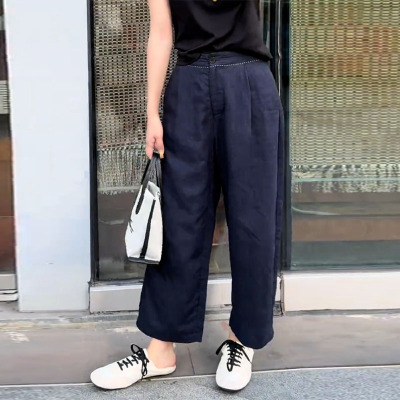 藏青色亚麻高级感阔腿裤女2025夏季新款大尺码宽松慵懒风薄款休闲