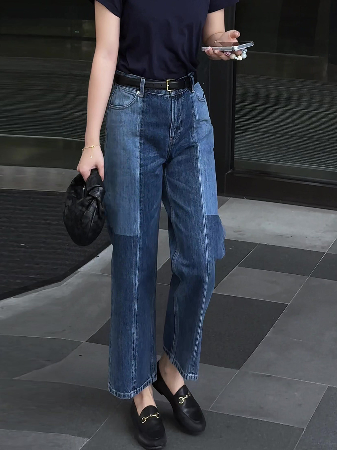 覆古撞色牛仔裤女秋季2025年新款高腰垂感显瘦宽松潮流直筒阔腿裤