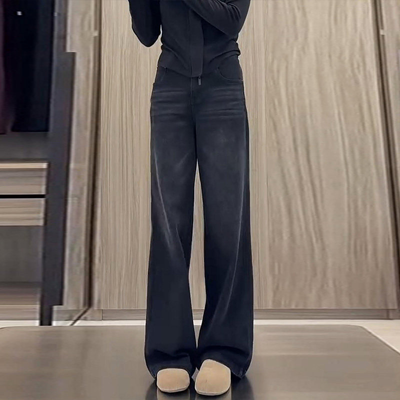 黑色加绒牛仔阔腿裤女2025冬季新款高腰显瘦时尚百搭直筒拖地长裤,女装/女士精品,大码裤装,淘宝优惠券,粉丝福利购,淘宝优惠卷