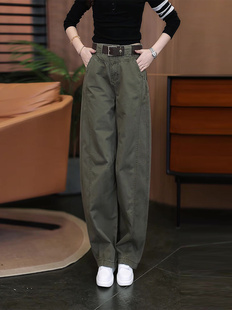 军绿色加绒弯刀工装裤女秋冬2025新款高腰显瘦宽松休闲直筒阔腿裤