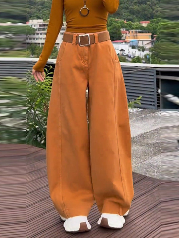 橘色弯刀加绒牛仔裤女2025年新款冬季高腰显瘦宽松直筒拖地阔腿裤