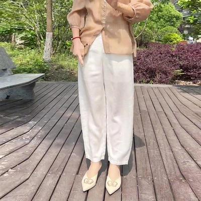 九分阔腿裤女2025夏季新款高腰垂感棉麻裤小个子宽松冰丝直筒裤子