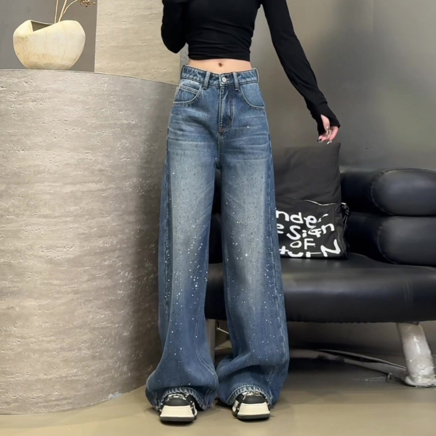 满天星烫钻阔腿牛仔裤女秋冬2025新款垂感显瘦宽松加绒直筒弯刀裤,女装/女士精品,大码裤装,淘宝优惠券,粉丝福利购,淘宝优惠卷