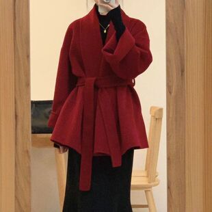红色结婚双面羊绒大衣女秋冬季高级感小个子收腰短款毛呢外套
