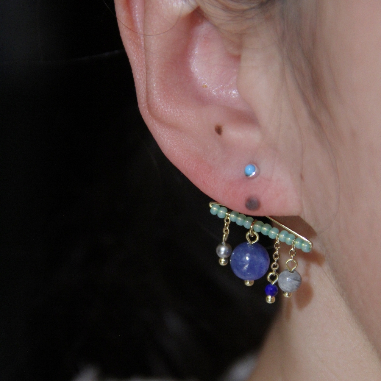 国风天然石蓝色流苏雨滴耳钉