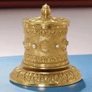 铜莲花底座藏经转轮手拨指捻转金轮桌面吉祥六字真言家用转金筒