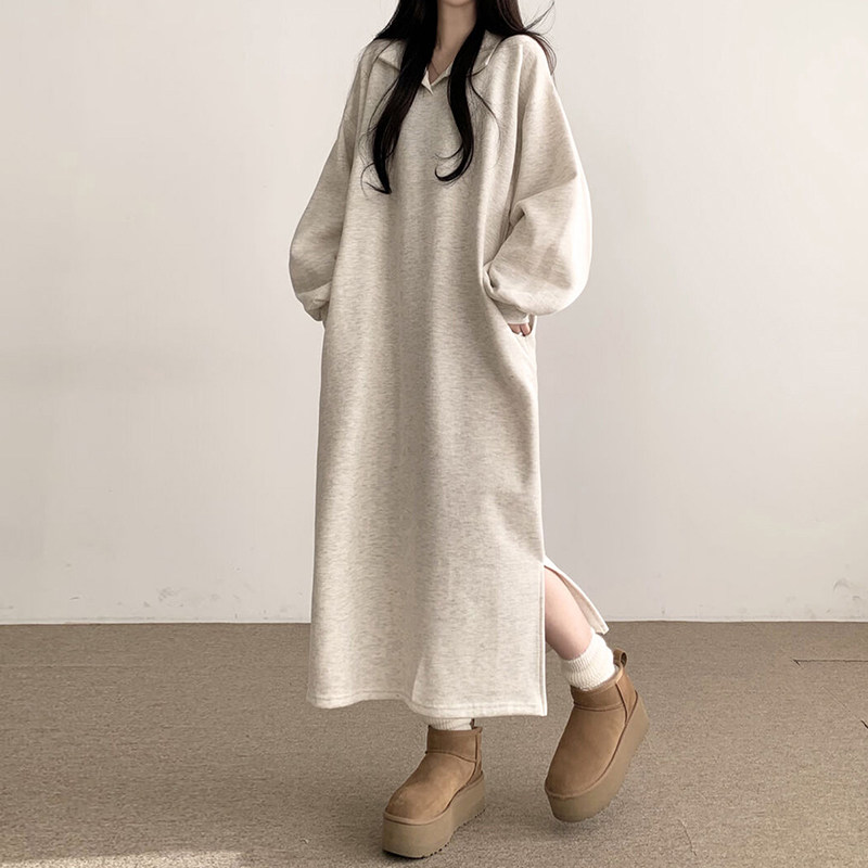 花铭翻领polo裙宽松开叉棉质口袋秋冬女加绒藏肉休闲中长款连衣裙