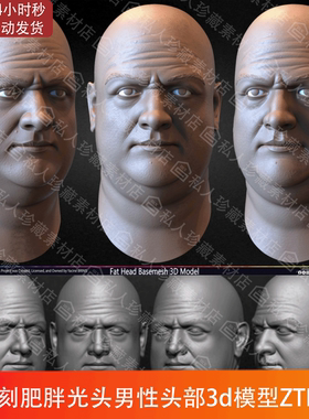 zbrush男性肥胖头部obj肖像头像细分UV白膜高模stl人头3d模型ztl