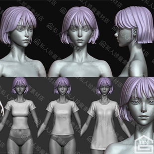 zbrush年轻女孩头部身体手部zb雕刻人体3D模型素体细分可打印ztl