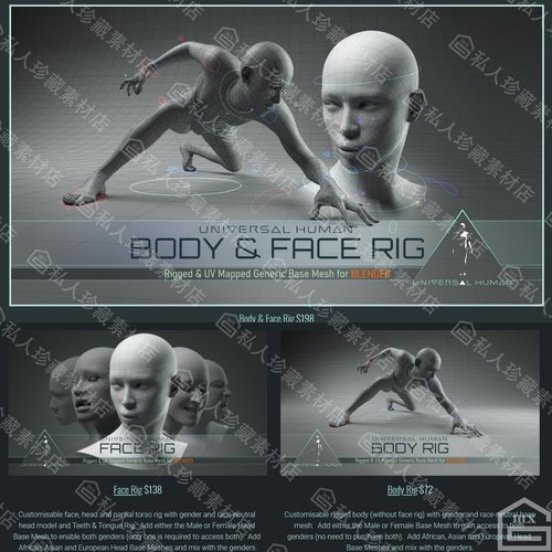 Blender人物角色基础网格带骨骼绑定人体+皮肤贴图脸部3d模型