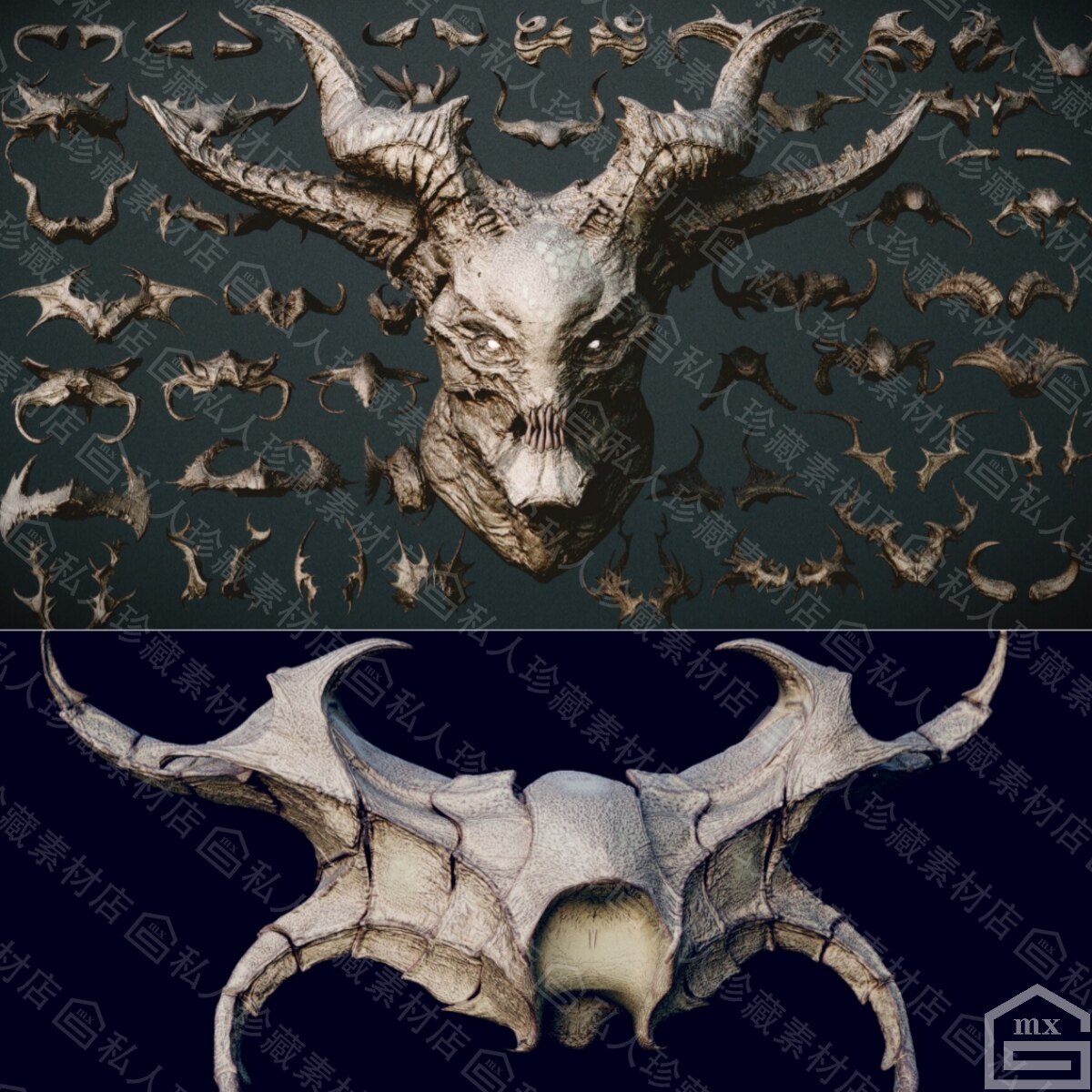 zbrush生物怪物恶魔犄角号角笔刷+动物羊鹿角魔兽角雕刻3d模型obj
