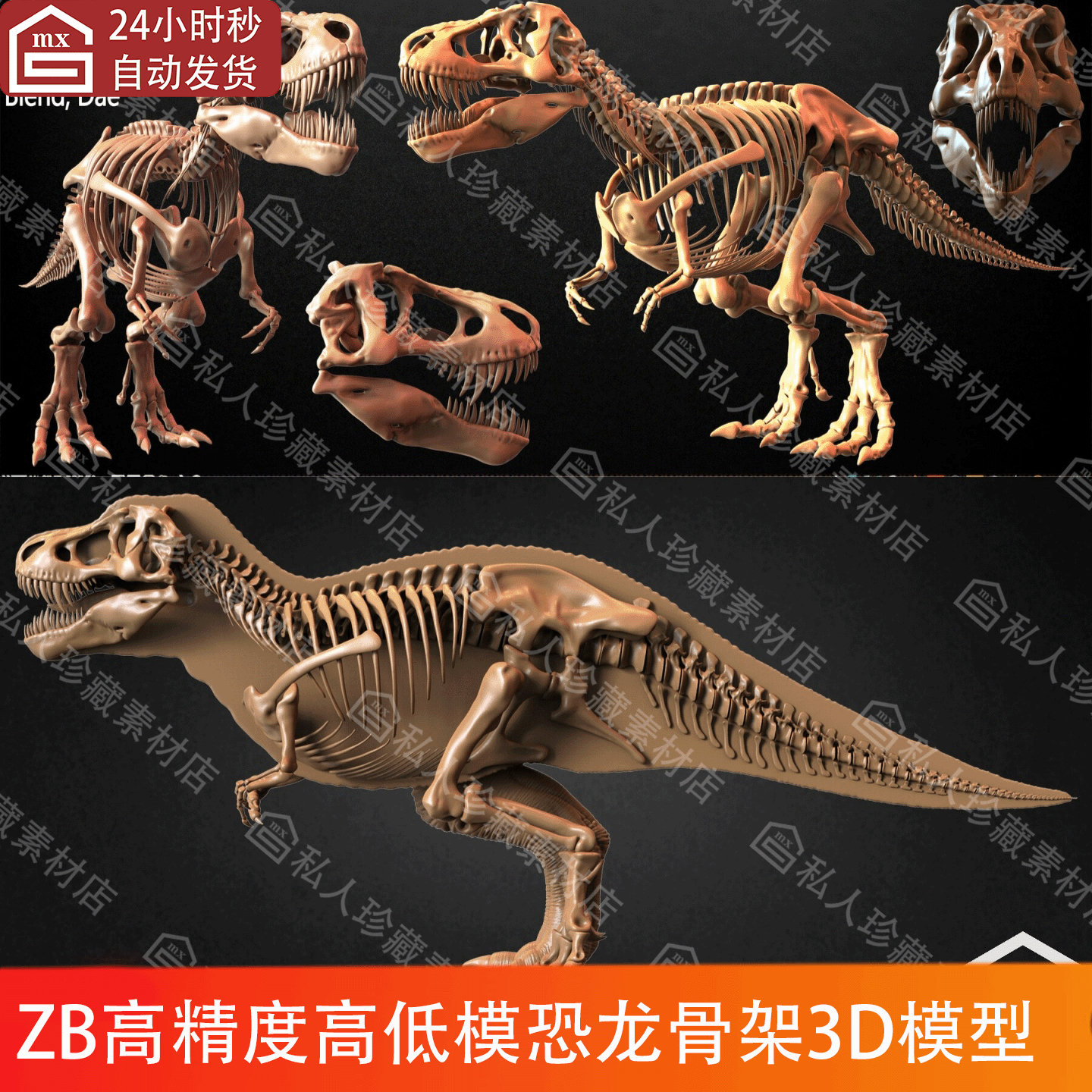 ZBrush雕刻高精度霸王龙骨架3d模型ZTL恐龙骨骼骨头高低模obj C4D