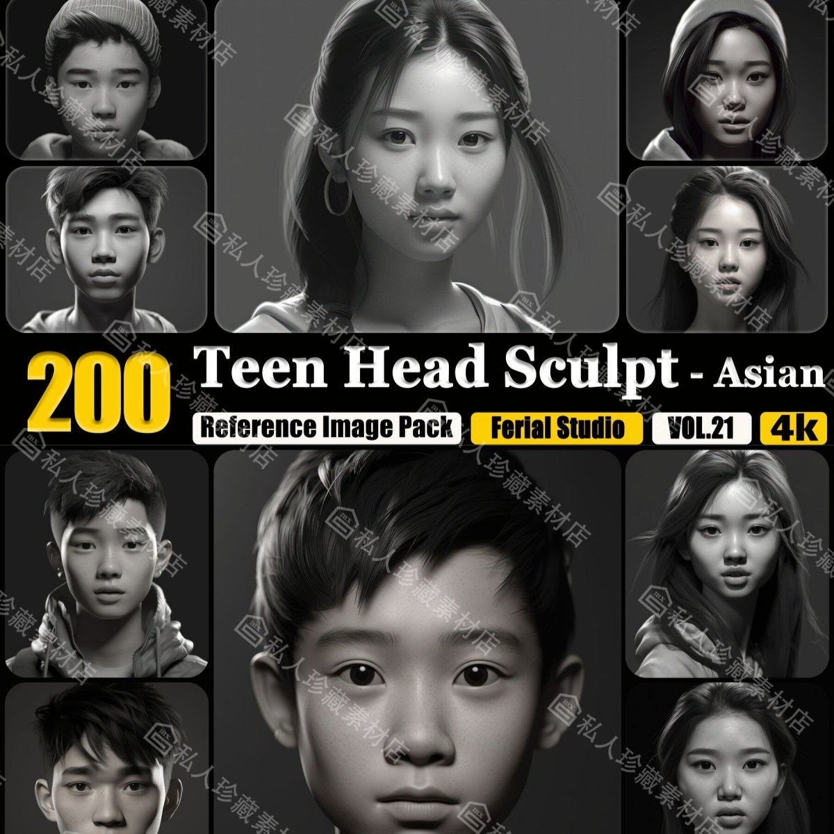 200张zbrush亚洲男女性青年头像头脸部雕塑五官发型雕刻参考图片