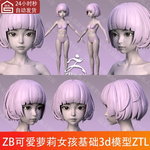 zbrush可爱萝莉基础细分模型女孩解剖学人类卡通素模小孩3d模型