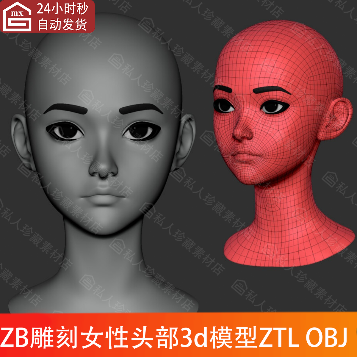 zbrush可爱女孩头部3d模型obj可打印低模基础头像光头女性头高模