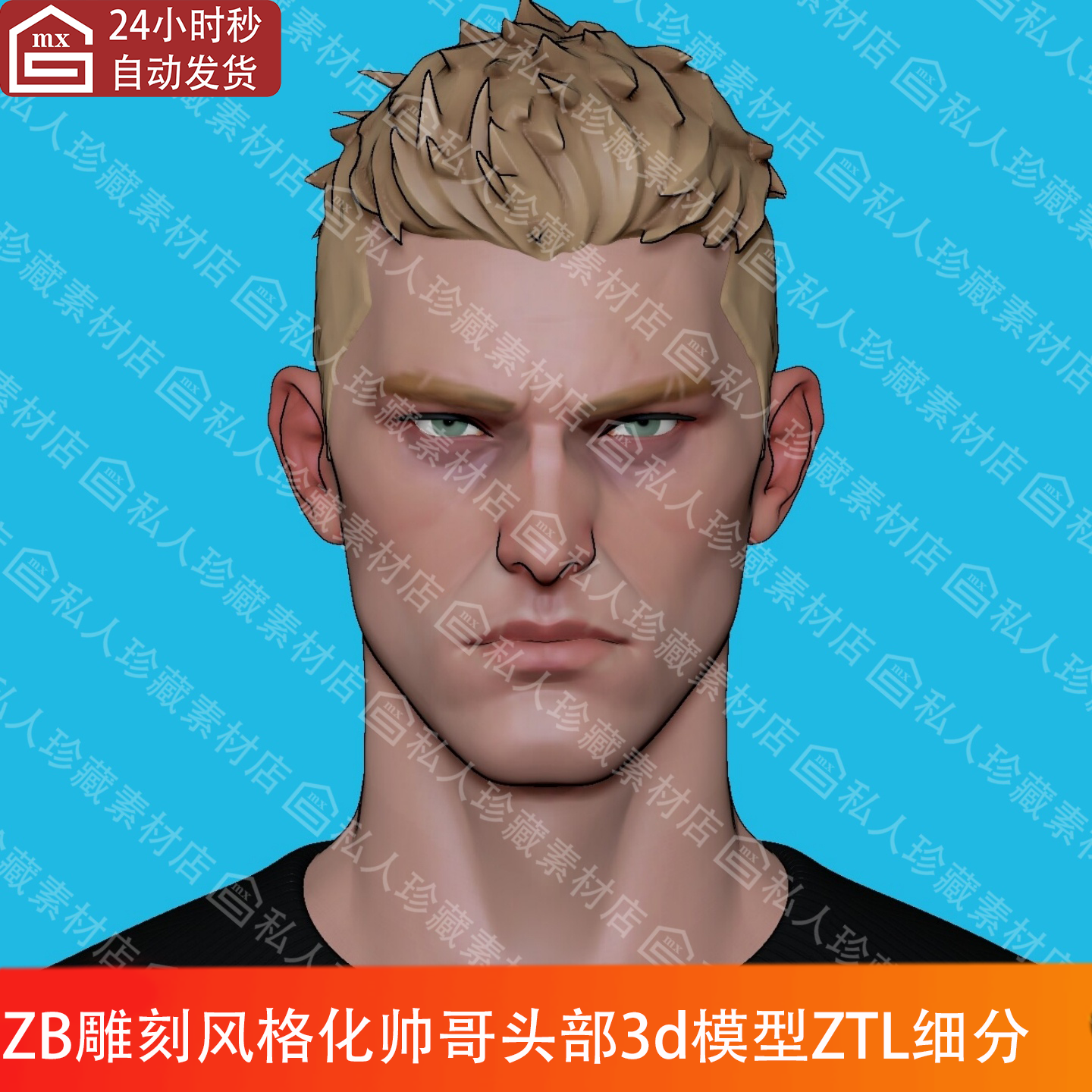 zbrush风格化欧美短发男性人物头部头像顶点绘制头3d模型ztl细分