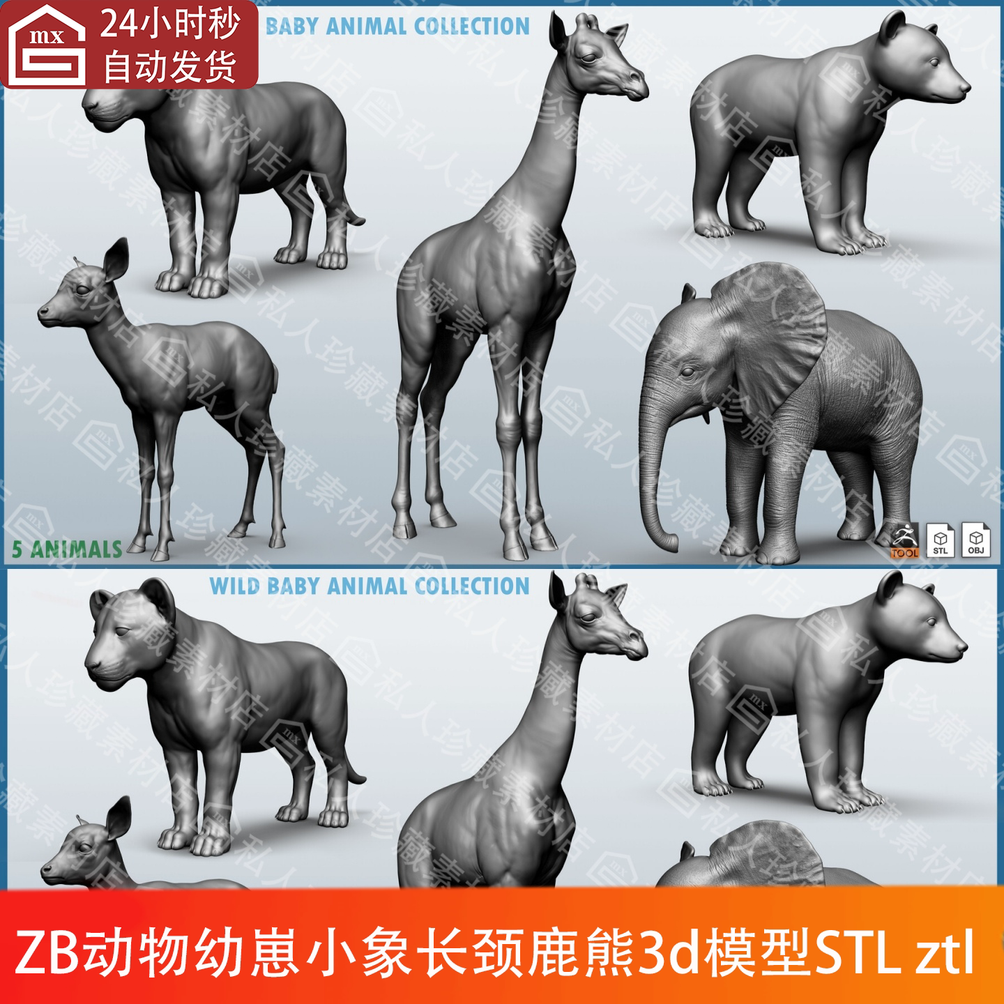 ZBrush动物幼崽小象长颈鹿幼狮子小灰熊小鹿zb雕刻3d模型stl高模