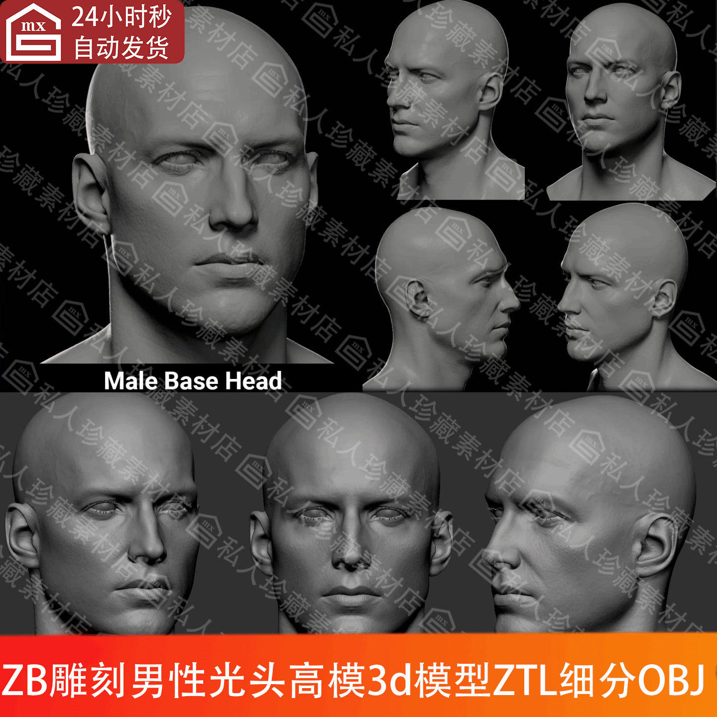 ZBrush雕刻男性头部头像基础3d模型ZTL细分UV欧美人物光头高模OBJ