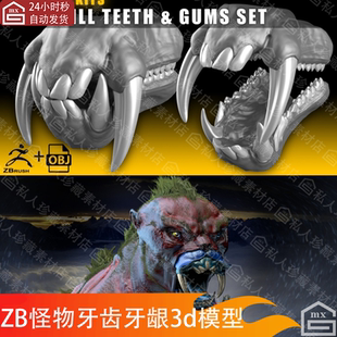 zbrush怪物山魈恶鬼牙齿牙龈大牙长牙3D模型ztl生物尖牙zb高模obj