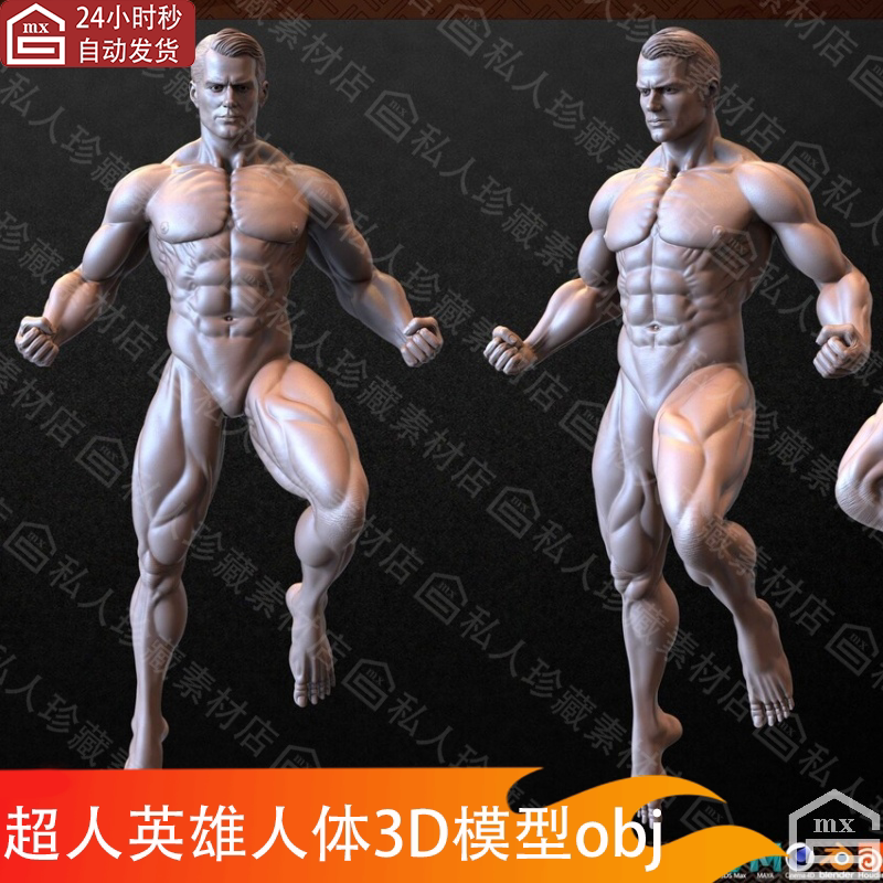 zbrush超人英雄姿势肌肉男性全身人体雕刻3D模型obj可打印高模zb