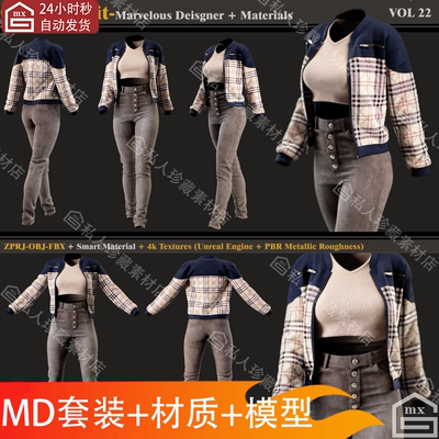 Marvelous Designer Clo3d女性牛仔裤外套毛衣md源文件和智能材质