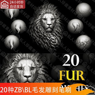 zbrush风格化毛发头发VDM笔刷狮子老虎动物皮毛绒毛雕刻zb笔刷