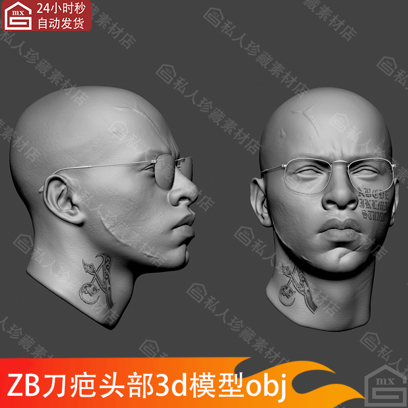 zbrush伤疤男性角色肖像头像雕刻3d模型zb坏人刀疤痕头部脸部模型