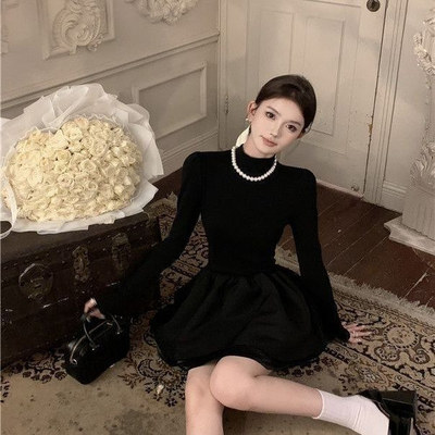 芭比姨千金小黑裙公主连衣裙女秋冬大衣内搭半高领针织裙蓬蓬裙女