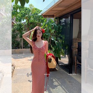 夏季甜美法式红色格子吊带连衣裙子女度假风鱼尾连衣裙长裙女装