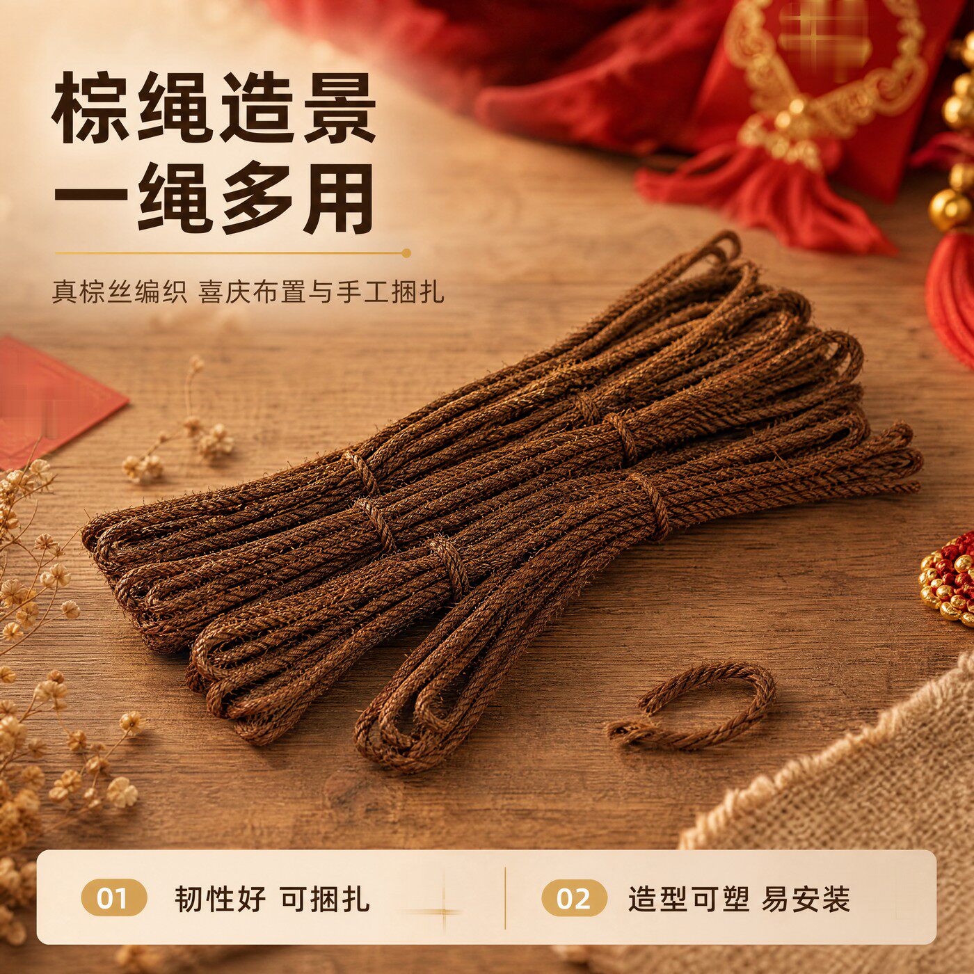 棕绳真棕丝编织喜庆布置捆绑绳