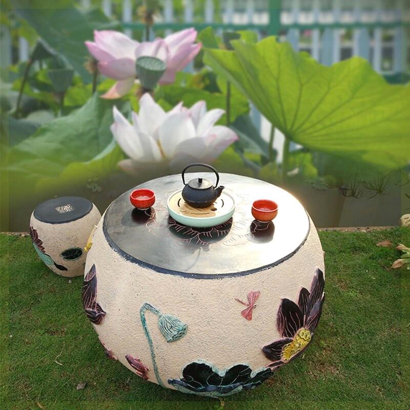 田园风荷花茶几套装小院子露天阳台茶桌凳子组合别墅庭院装饰摆件