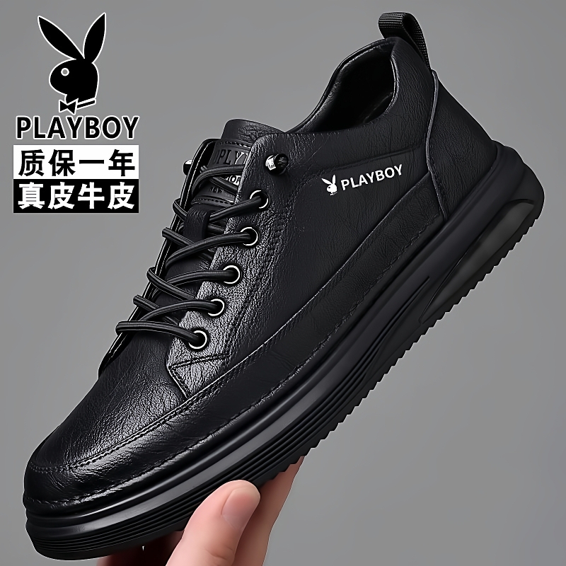 花花公子男鞋2025秋冬加绒真皮板鞋黑色软底商务运动男士休闲鞋