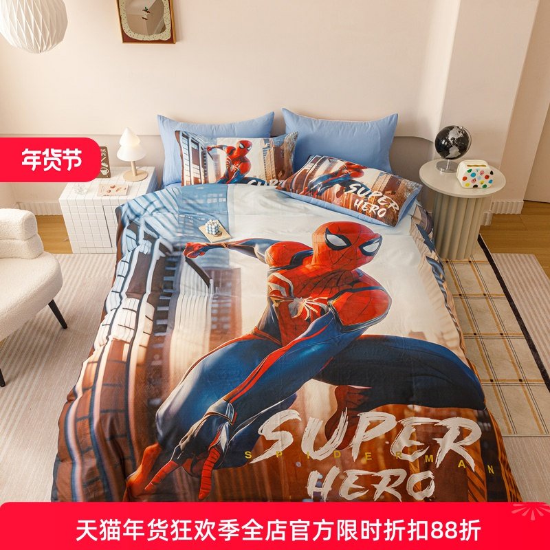迪士尼儿童四件套纯棉男孩漫威蜘蛛侠卡通全棉被套三件套床上用品