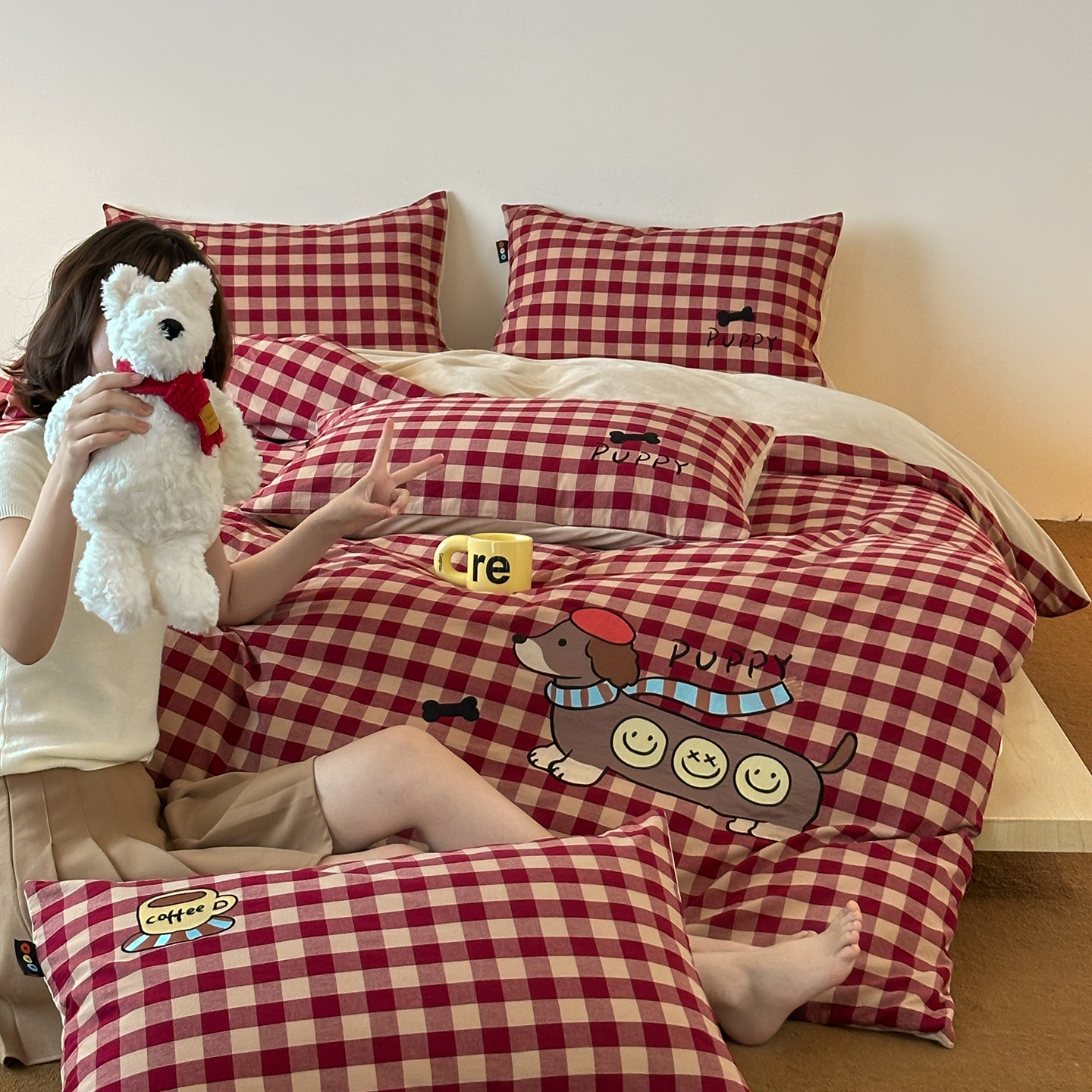 腊肠狗加厚四件套纯棉牛奶绒