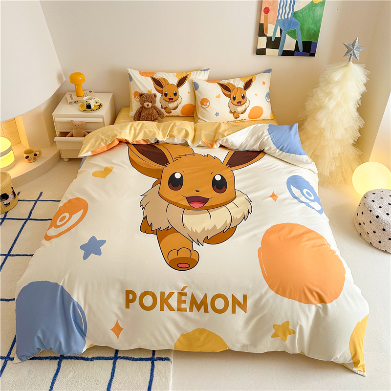 宝可梦儿童皮卡丘床上四件套全棉纯棉男孩学生床单被套卡通三件套