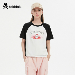 tokidoki2025夏季新款撞色拼接短袖T恤女款上衣时尚百搭短款