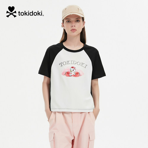 tokidoki2025夏季新款撞色拼接短袖T恤女款上衣时尚百搭短款
