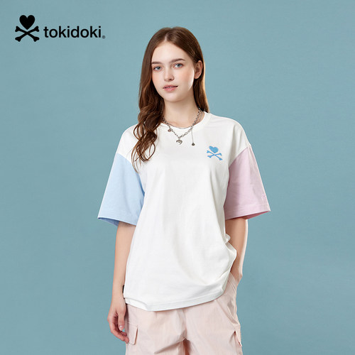 tokidoki26夏季新款撞色拼接短袖T恤宽松显瘦情侣设计感上衣男女