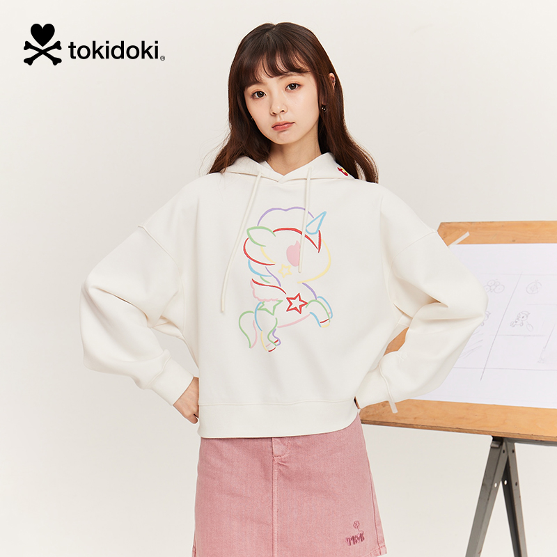tokidoki潮牌2025春季新款缎彩独角兽女款截短连帽卫衣涂鸦印花