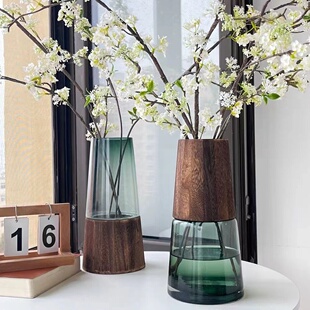 大简约木托玻璃花瓶方缸原色花瓶摆件客厅餐桌银柳插花装饰家用